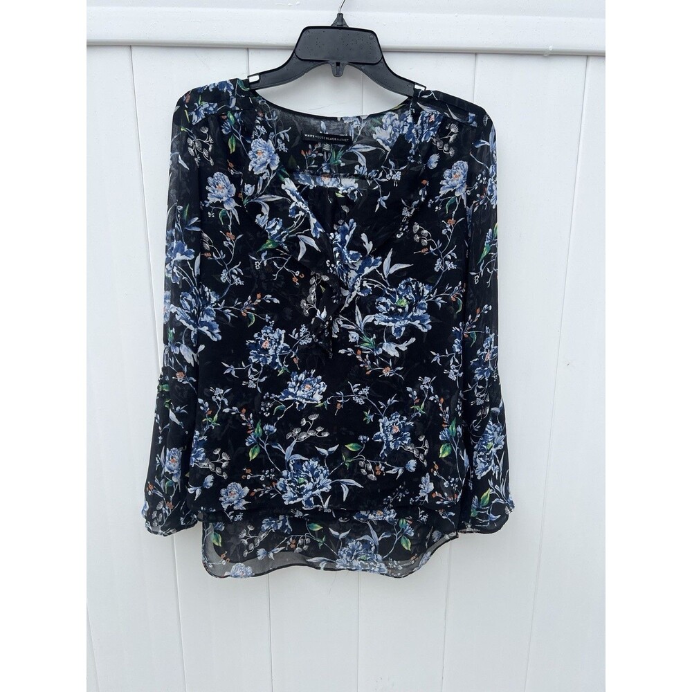 WHBM White House Black Market Floral Top Sz 6 Sheer Long Sleeve Lined